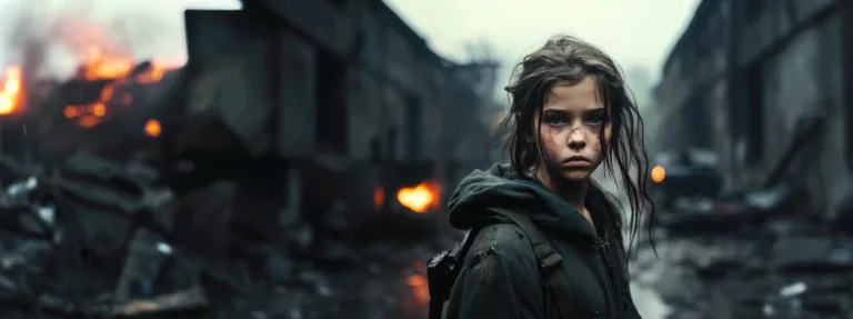 Child of war: candid portrait of a young girl amidst war destroyed city ruins