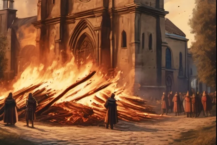 Menschen verbrennen Bücher vor einer Kirche