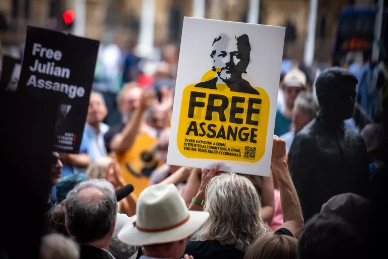 Demonstrant hält ein Free Assange Schild hoch