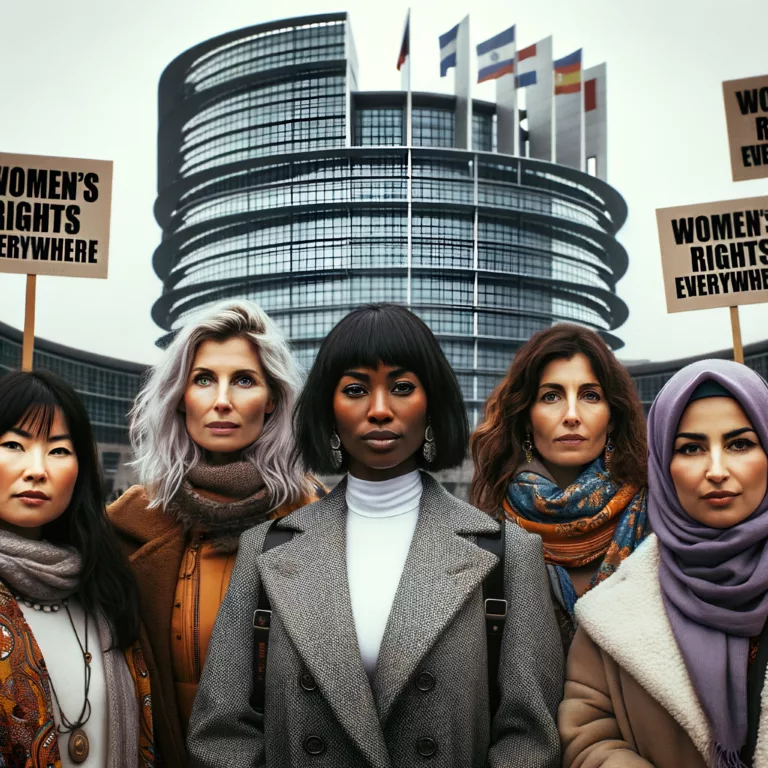 Frauen unterschiedlicher Nationalitäten stehen vor dem Bundestag und halten Schilder mit der Aufschrift "Womens Rights apply everywhere" hoch