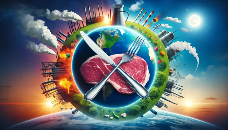 Fleischessen auf der Weltkugel symbolisiert die Idee, dass  Fleischessen das Weltklima schädigt