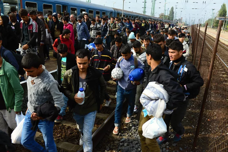 Group of refugees leaving Hungary. October 2015