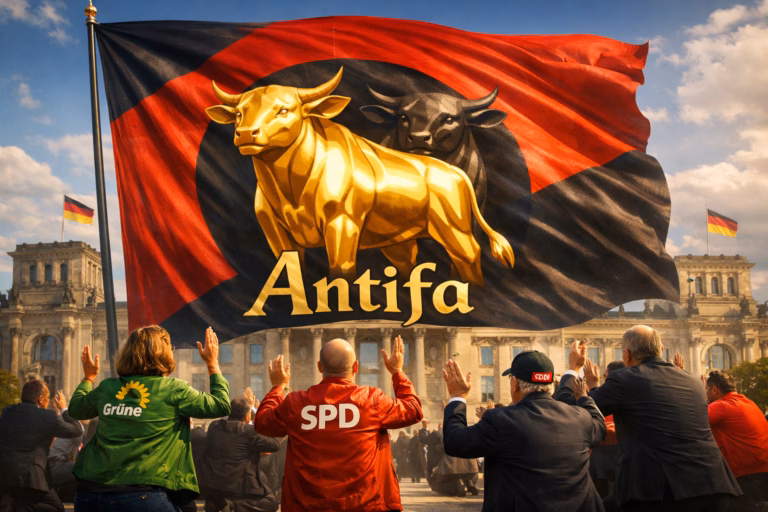 Politische Anbetung unter roter und schwarzer Flagge